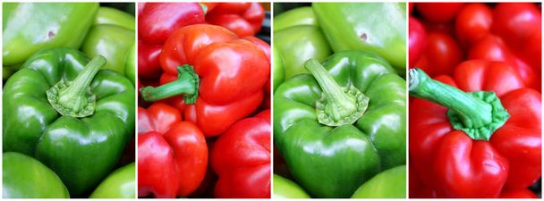 Κολάζ από φρέσκα και βιολογικά γλυκές κόκκινες και πράσινες πιπεριές σε λαϊκή αγορά - Φωτογραφία, εικόνα