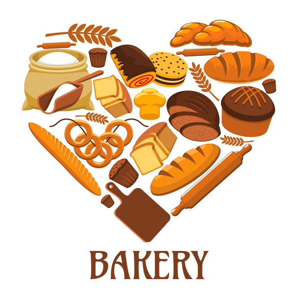 Bäckerei Herzzeichen von Brot, Gebäck, Desserts - Vektor, Bild