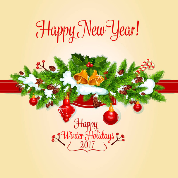 Tarjeta de vacaciones de Año Nuevo con árbol de Navidad, baya de acebo
 - Vector, imagen