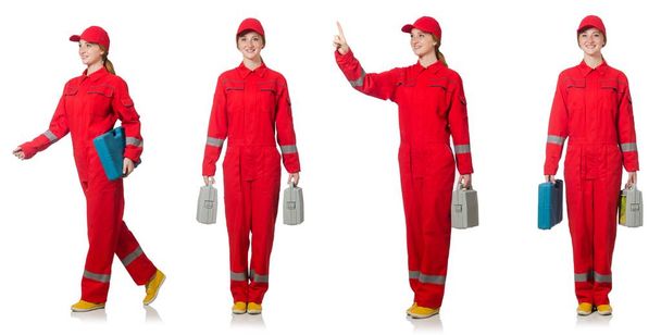 Woman in red overalls isolated on white - Photo, Image