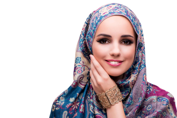 Muzułmańska kobieta koncepcja moda na białym tle - Zdjęcie, obraz
