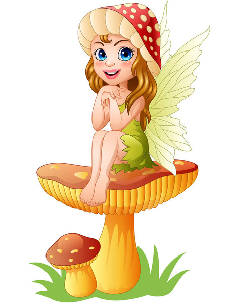 Cartoon weinig fairy zittend op paddestoel - Vector, afbeelding