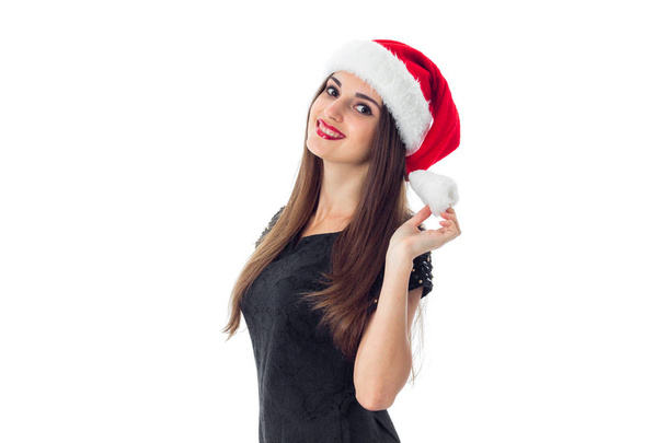 beauty brunette girl in santa hat - Fotografie, Obrázek