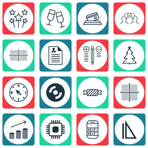 Set Of 16 Universal Editable Icons. Can Be Used For Web, Mobile And App Design. Includes Icons Such As Graphical Grid, Locate, Champagne Glasses And More. - Vector, Image