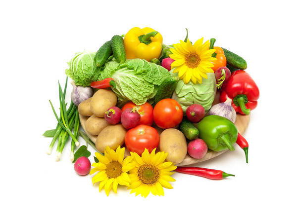 fresh vegetables and blooming sunflowers on a white background - Fotoğraf, Görsel