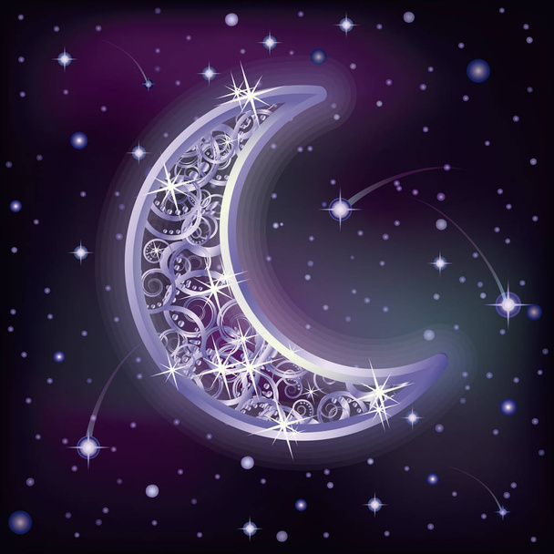 Серебряное лунное и ночное звездное небо, векторная иллюстрация
 - Вектор,изображение