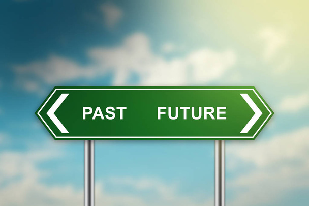 przeszłości i przyszłości na zielony znak - Zdjęcie, obraz