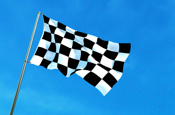 Bandiera a scacchi sventola sullo sfondo del cielo blu. Illustrazione 3D
 - Foto, immagini