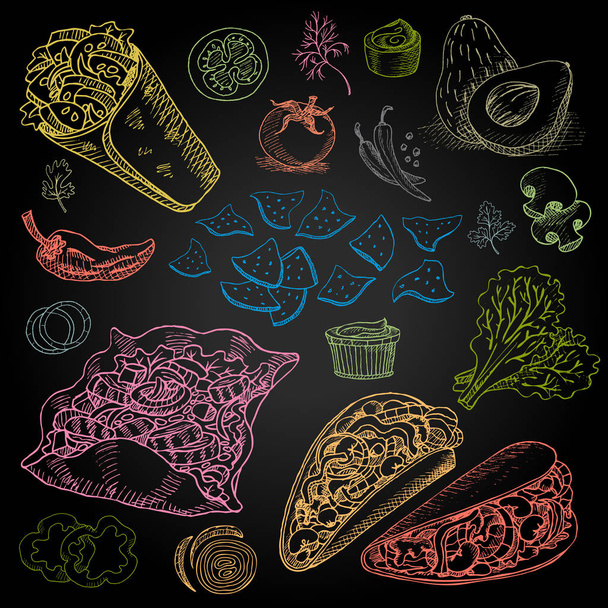 Set di gesso a colori disegnato su un cibo lavagna
 - Vettoriali, immagini
