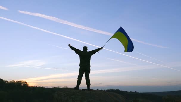  兵士は、日の出空に対するウクライナのフラグを保持します。スローモーション  - 映像、動画