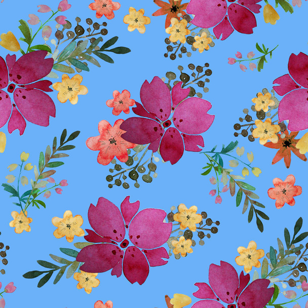 Romantic floral seamless pattern with flowers and leaf. Print for textile wallpaper endless. Hand-drawn watercolor elements. Beauty bouquets. Pink, yellow. green. orange on blue background. - Fotografie, Obrázek