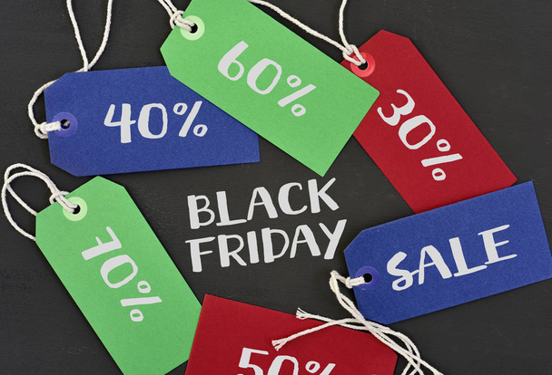 text black friday and labels with different percentages - Photo, image
