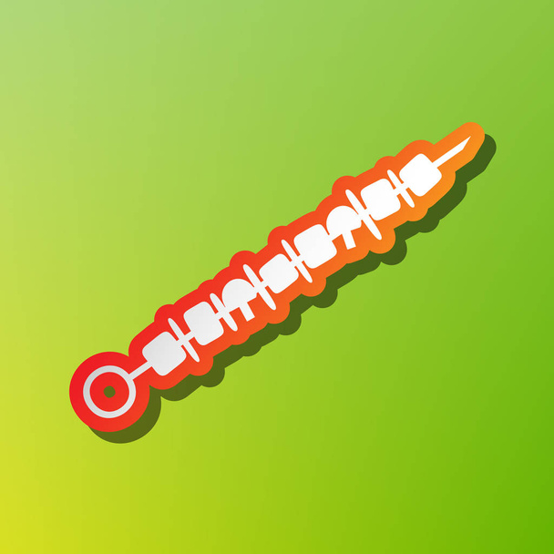 Shish kebab on skewers sign. Contrast icon with reddish stroke on green backgound. - Vector, Image