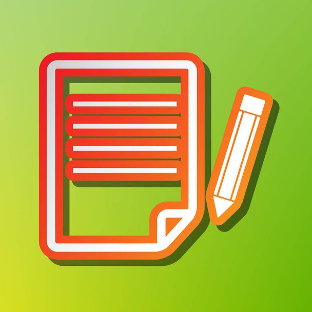 Paper and pencil sign. Contrast icon with reddish stroke on green backgound. - Vector, Image