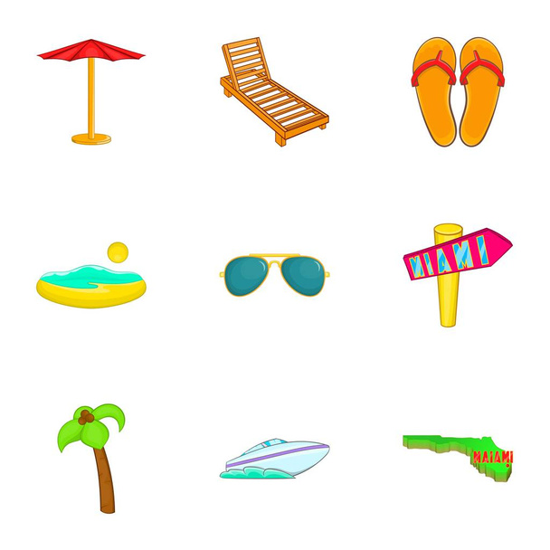 Stay in Miami icons set, cartoon style - Διάνυσμα, εικόνα