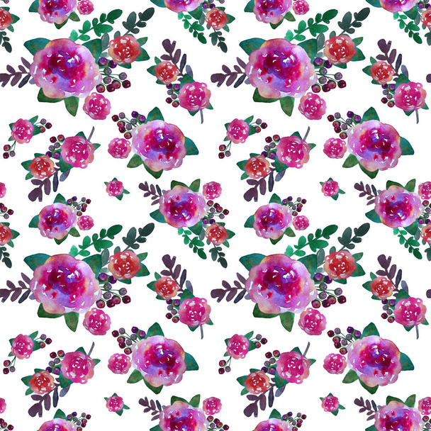 Romantic floral seamless pattern with rose flowers and leaf. Print for textile wallpaper endless. Hand-drawn watercolor elements. Beauty bouquets. Pink, red. green on white background. - Foto, Bild