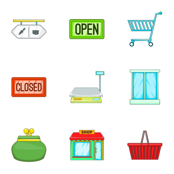 Purchase in shop icons set, cartoon style - Vektor, kép
