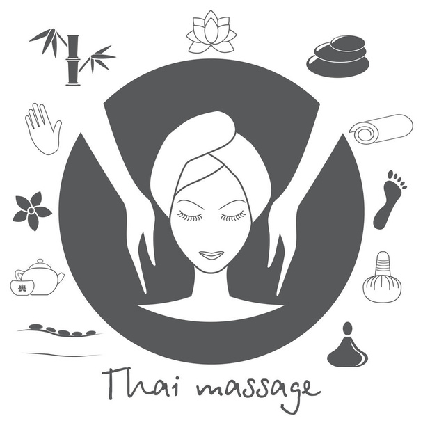 Beautiful woman taking facial massage treatment. Thai massage. Spa icons set in grey. Stock vector. Flat design. - Vector, Image