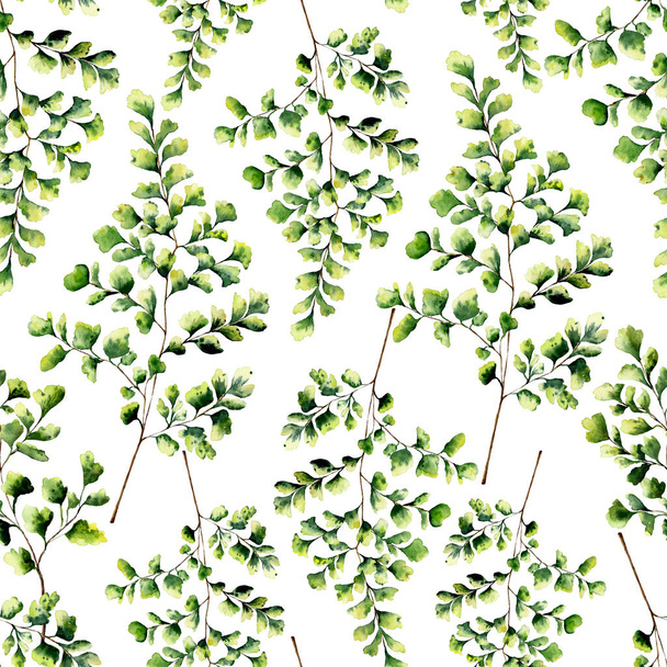 Watercolor seamless pattern with maidenhair fern leaves. Hand painted fern ornament. Floral illustration isolated on white background. For design, textile and background. - Foto, Imagen