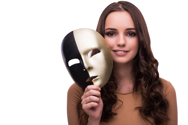 Jonge vrouw met masker geïsoleerd op wit - Foto, afbeelding
