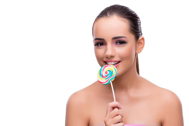 Woman with colourful lollipop isolated on white - Фото, зображення