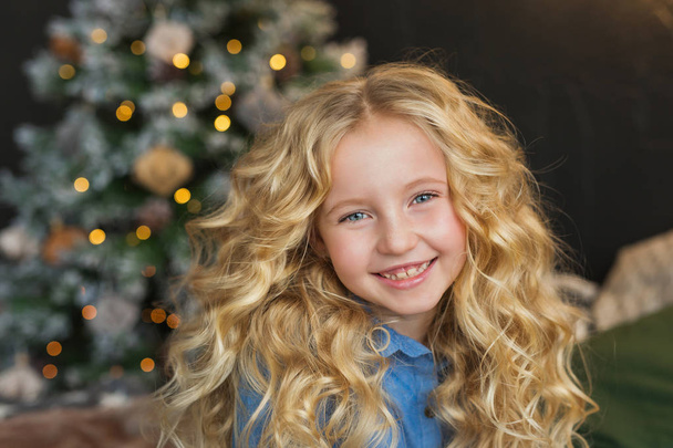 Portrait of beautiful little girl smiles in Christmas time - Photo, Image