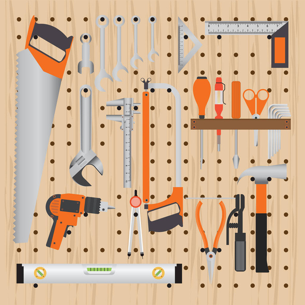 Repair and construction working tools on peg wooden background. - Vector, Image