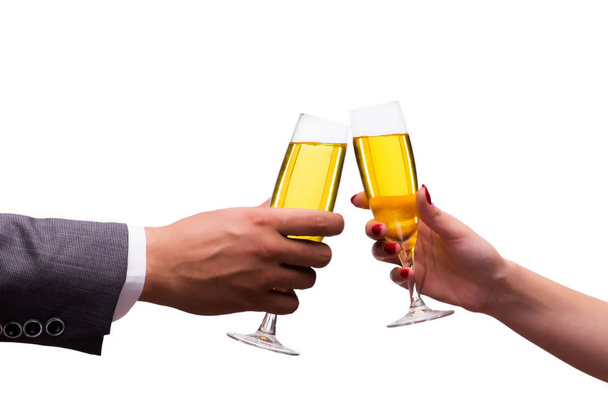 Manos con copas de champán aisladas en blanco
 - Foto, Imagen