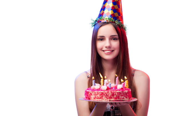 Chica joven con pastel aislado en blanco
 - Foto, imagen