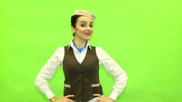 Niedliche Stewardess auf grünem Hintergrund - Filmmaterial, Video