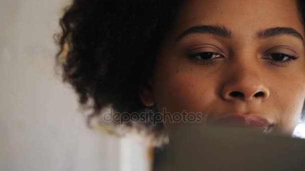 happy african american woman with tablet pc - Felvétel, videó