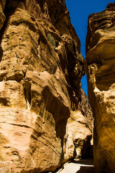 Главный вход Сик в древний набатейский город Петра, Иордания. Узкий слот-каньон из песчаника - естественный проход в скрытый город. Всемирное наследие ЮНЕСКО
 - Фото, изображение