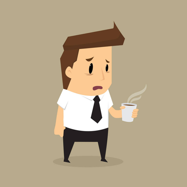 Cartoon businessman drink coffee because of drowsiness - Вектор,изображение