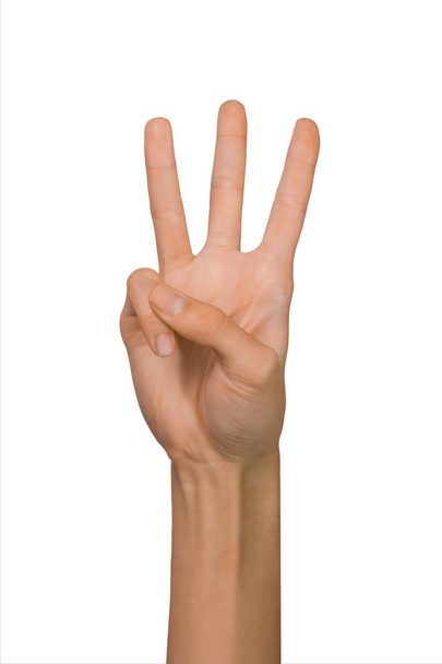 Isolé vide femme ouverte main féminine dans une position de numéro trois sur un fond blanc
 - Photo, image