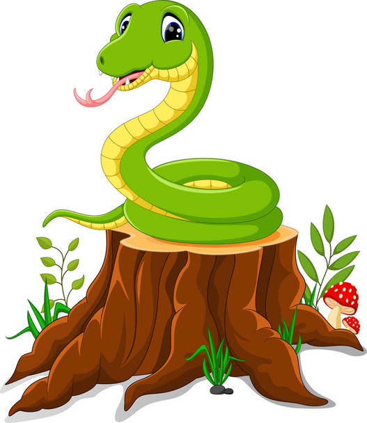 Cartoon funny snake on tree stump - Вектор,изображение