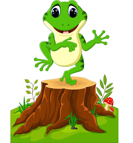 Kreskówka śmieszne żaba siedzi na pniu drzewa - Wektor, obraz