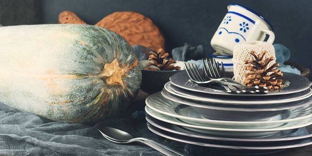 Thanksgiving dinner still life with pumpkin. Toned banner - Photo, Image