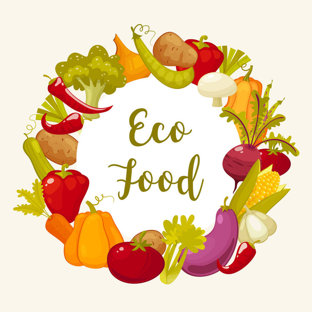 Eco food typographic poster with round decorative frame composed of vegetables vector illustration - Vetor, Imagem