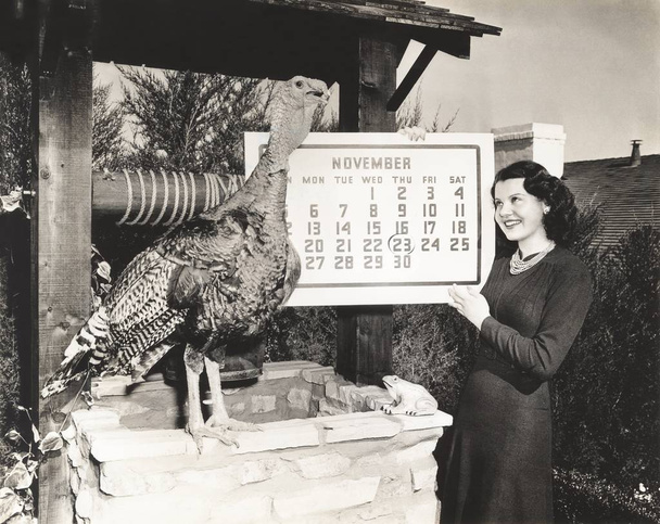 woman holding calendar while looking at turkey - Photo, Image