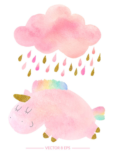 Watercolor unicorn and cloud with rain - Вектор,изображение