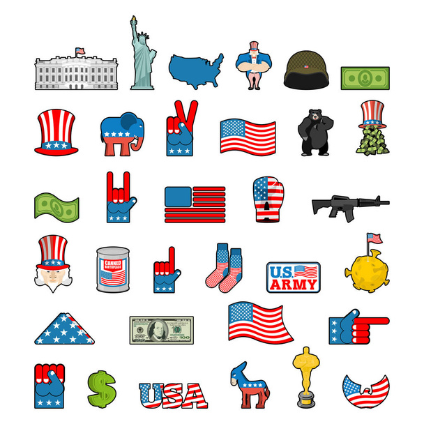 Amerikan ikoni asetettu. USA:n kansallinen merkki. Amerikan lippu ja patsas
 - Vektori, kuva