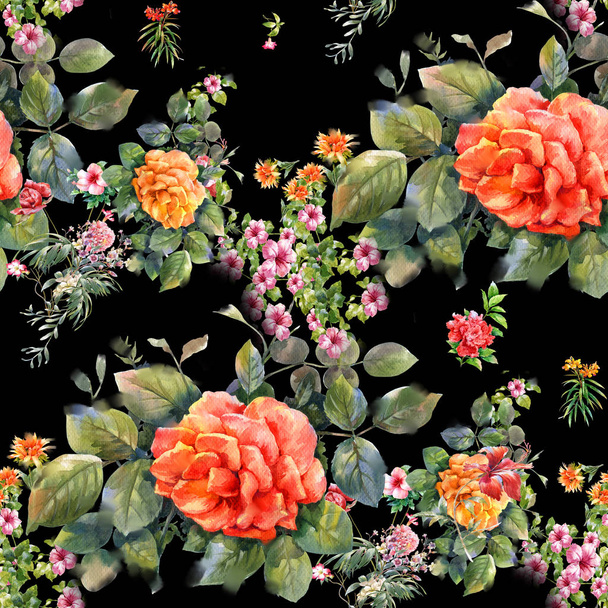 Watercolor painting of leaf and flowers, seamless pattern - Fotó, kép