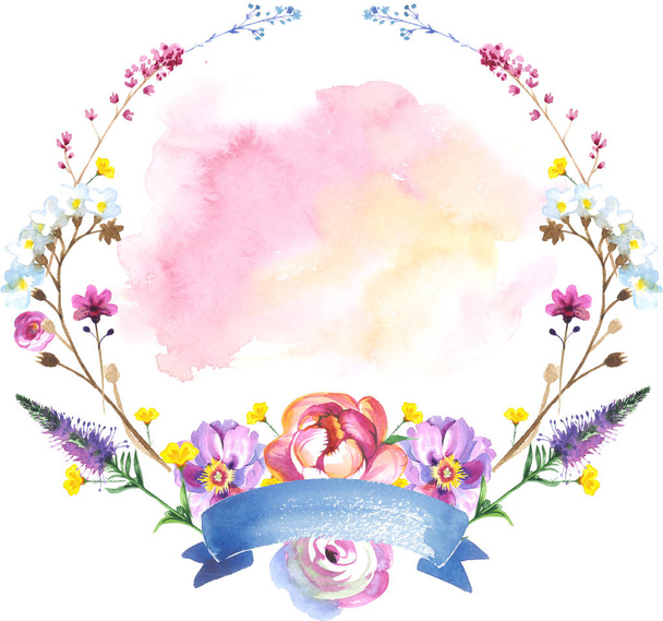 Painted flower wreath of wildflowers in a watercolor style with ribbon. - Photo, Image