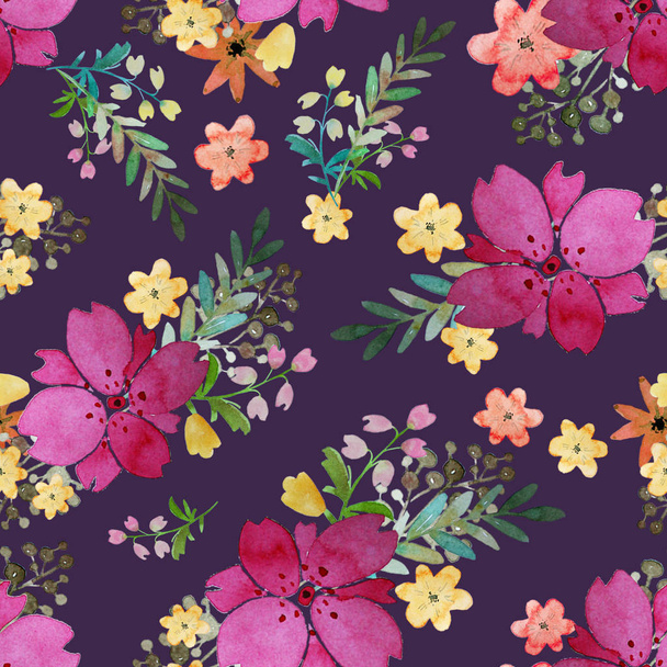 Romantic floral seamless pattern with rose flowers and leaf. Print for textile wallpaper endless. Hand-drawn watercolor elements. Beauty bouquets. Pink, red. green on violet background. - Foto, Imagen