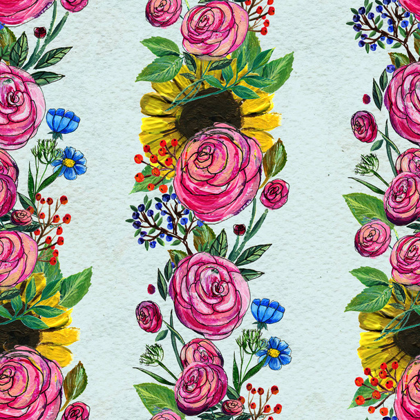Seamless pattern with sunflowers and roses - 写真・画像