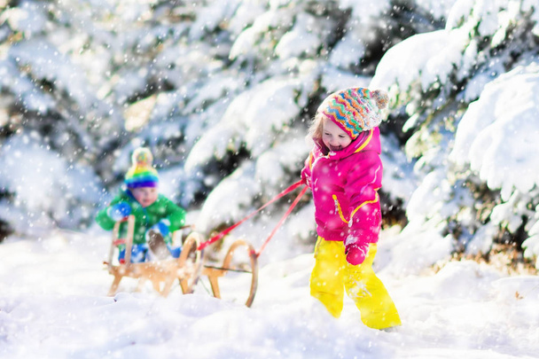 Enfants en traîneau dans un parc hivernal enneigé
 - Photo, image