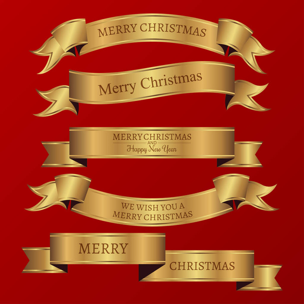 Σύνολο χρυσές κορδέλες για καλά Χριστούγεννα και Ευτυχισμένο το νέο έτος - Διάνυσμα, εικόνα
