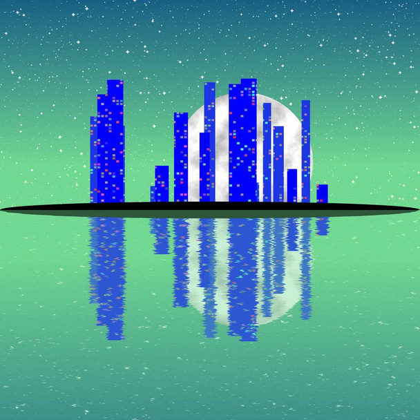 Dark green full moon night, cityscape, shining windows in skyscrapers - Photo, Image