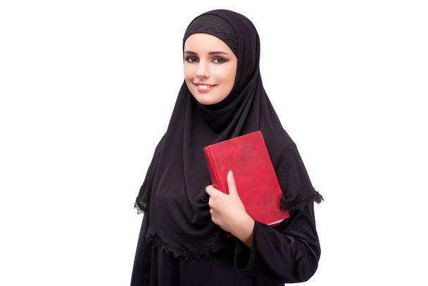 Muzułmańska kobieta w czarnej sukience na białym tle - Zdjęcie, obraz