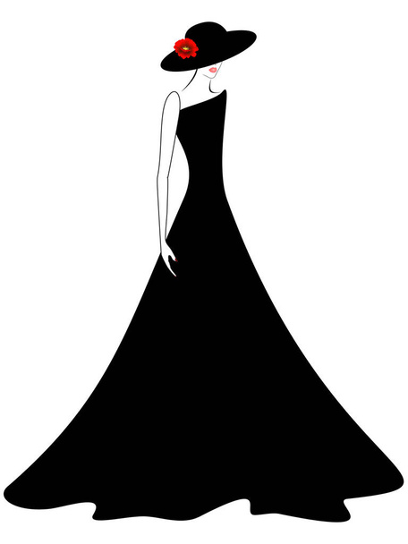 Woman in black dress and hat. - Vektori, kuva